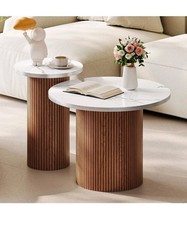 Round Coffee Table, Set of 2, Marble White Top and Round Pedestal Base Walnut