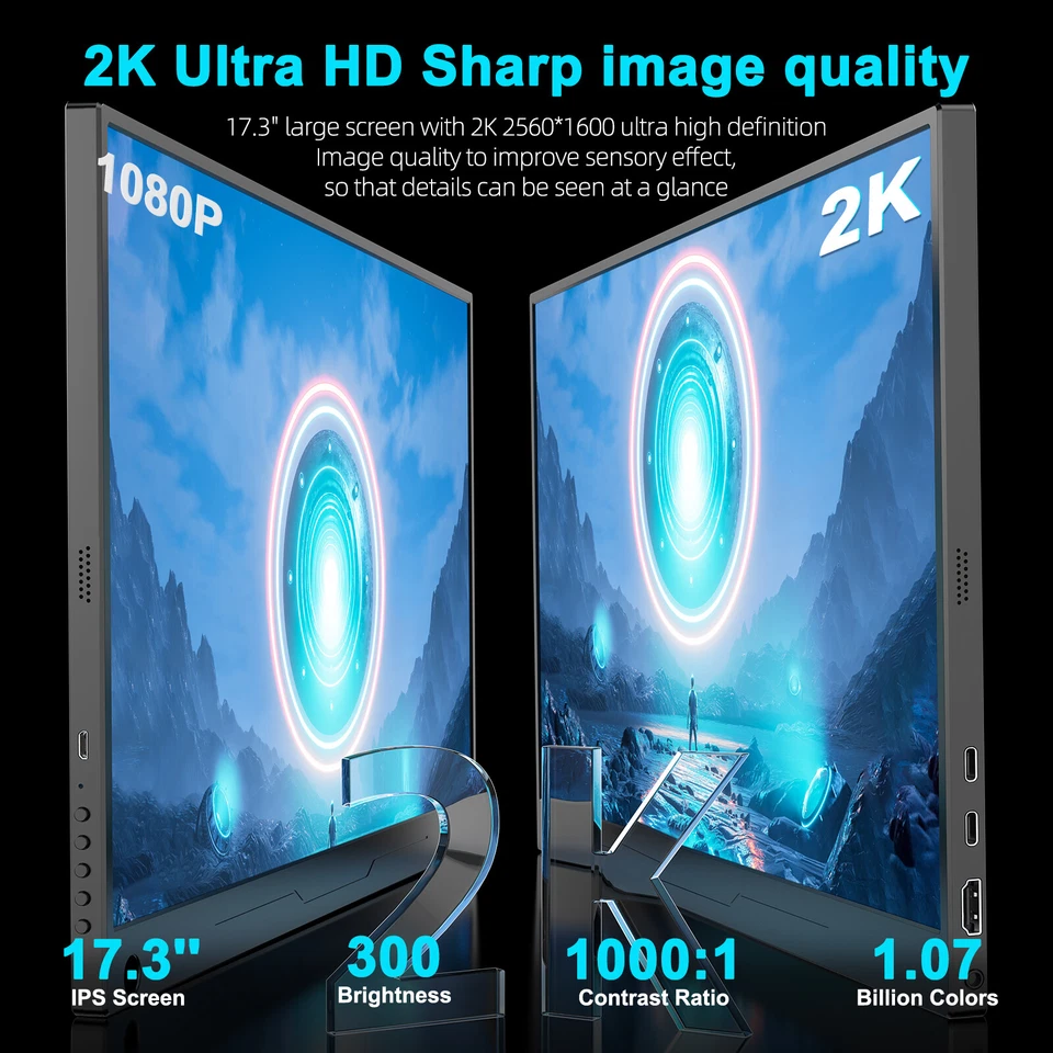 2K Portable Monitor 144Hz Gaming Display 17.3" Larger Monitor HDMI USB C w/VESA - Image 3 of 4