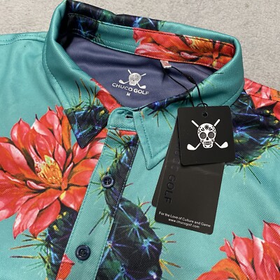 Chuco Golf Polo Shirt Mens Medium Prick Cactus All Over Print Flower NEW