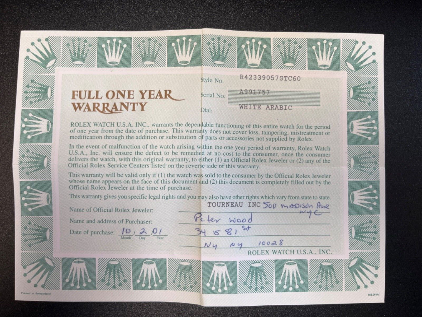 Rolex Certificate Guarantee Warranty For a A serial Cellini Danaos 4233/9