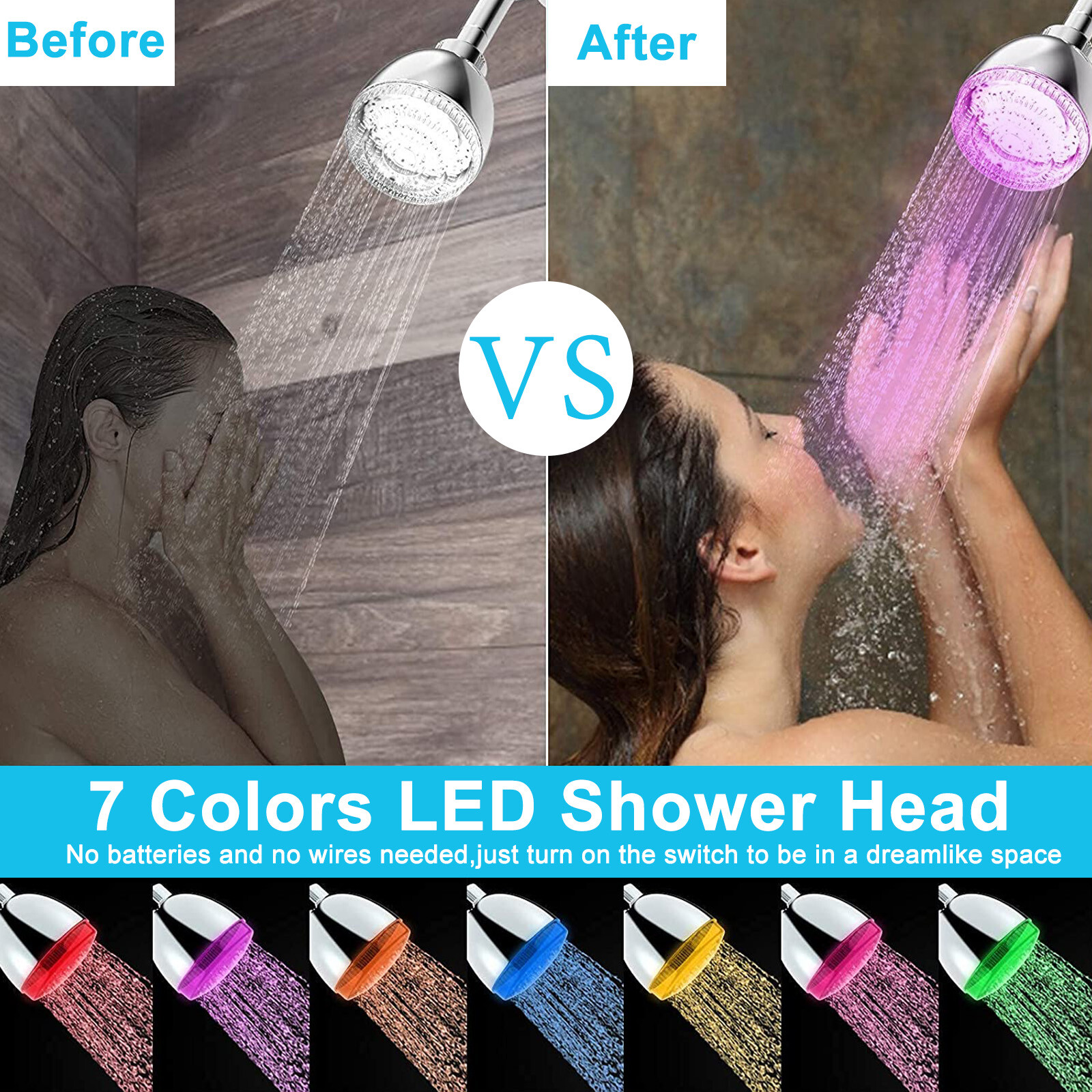 RGB 7 Colorful LED Light Water Bath Bathroom Filtration Shower Head ...
