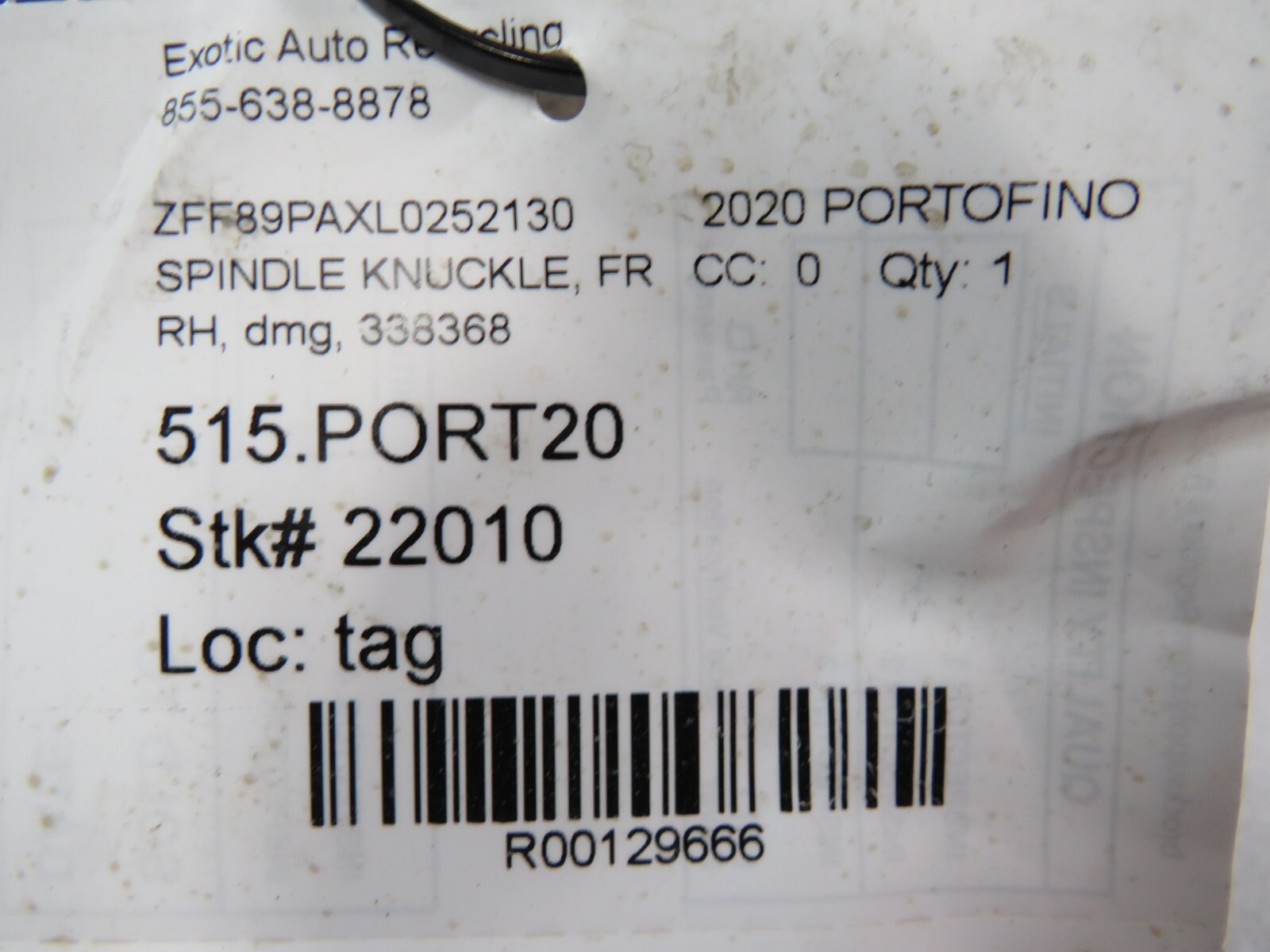 Ferrari Portofino, RH, Right, Front Spindle Knuckle, Dmg, Used, P/N 338368