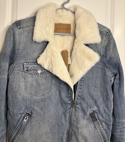 Lucky Brand Women's Denim Faux Fur Moto Jacket Size Medium New - Picture 7 of 13