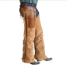 Men's Chap Cowboy Buck Skin Brown Suede Leather Horse Riding Western Style Chaps