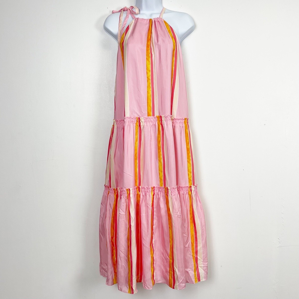 Club Monaco Amirra Halter Neck Dress Womens 6 Striped Silk Tiered Midi Pink NWT