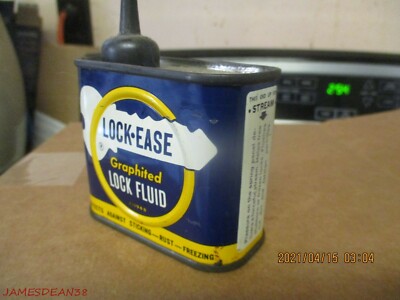 Vintage 1948 LOCK-EASE Graphited Lock Fluid Advertising Tin Oil Can Handy Oiler