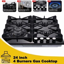 Gas Cooktop 24" Black Tempered Glass 4 Burners Built-in Hob NG/LPG Convertible