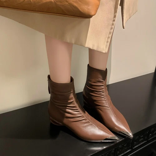 Womens Leather Metal Pointy Toe Draped Mid Heel New Bootie Ankle Boots Shoes - Bild 5 von 17