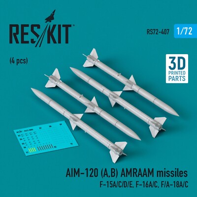 AIM-120 (A,B) AMRAAM missiles (4 pcs) (3D Printed) Scale 1:72 ResKit RS72-0407