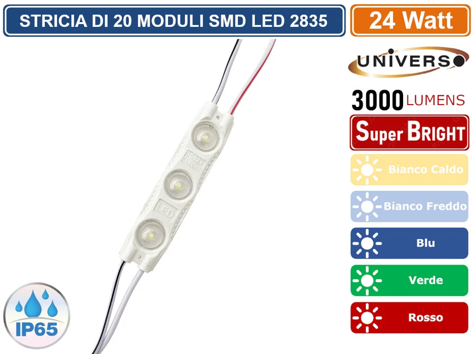 UNIVERSO STRISCIA LED 20 MODULI INDIPENDENTI 24W SMD 2835 DC12V DA ESTERNO IP65 - Immagine 3 di 4