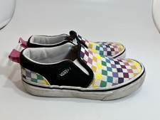 Vans Kids Classic Slip-On Rainbow Checkered Shoes Black Trim Kids Size 2