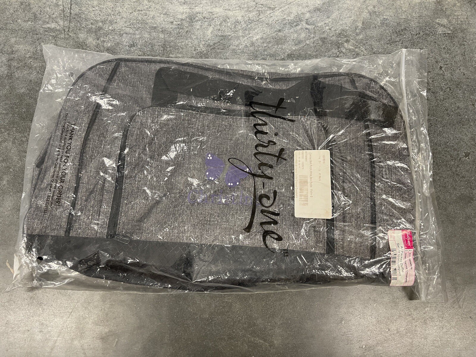 NWT Thirty-One All Packed Duffle in Charcoal Crosshatch, “Christina” Embroidered