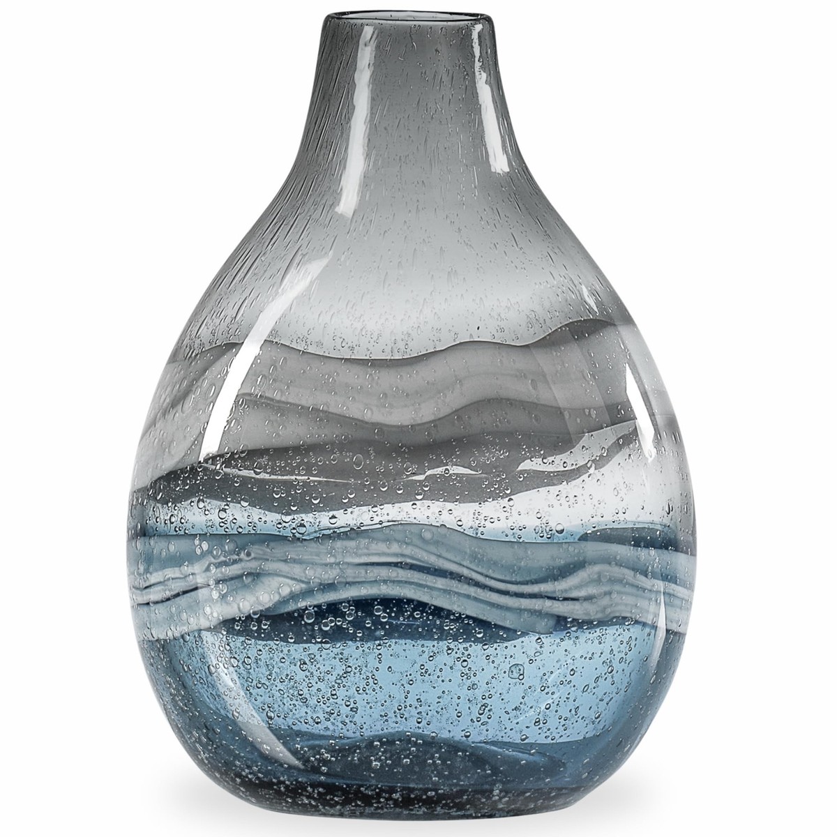 Torre & Tagus Andrea Handmade Glass Vase - 11 Inch Tall Blue Swirl Vase, Mouth-Blown Coastal Decor For Living Room, Entryway, Or Bedroom