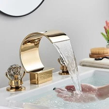 Gold Widespread Bathroom Faucet 3hole 2 handle Waterfall Sink Vanity Basin Mixer