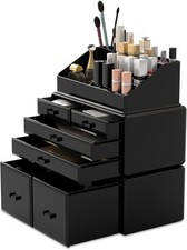 Makeup Organizer 3 Pieces Cosmetic Storage Case with 6 Drawers Black 