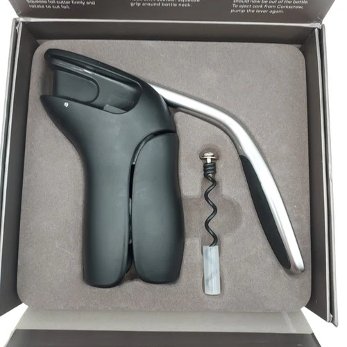 OXO Steel Vertical Lever Corkscrew Black Silver Box Wine Opener No Foil Cutter