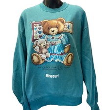 Vintage Jerzees Missouri Teddy Bear Sweatshirt Teal Blue Made in USA Large 90s