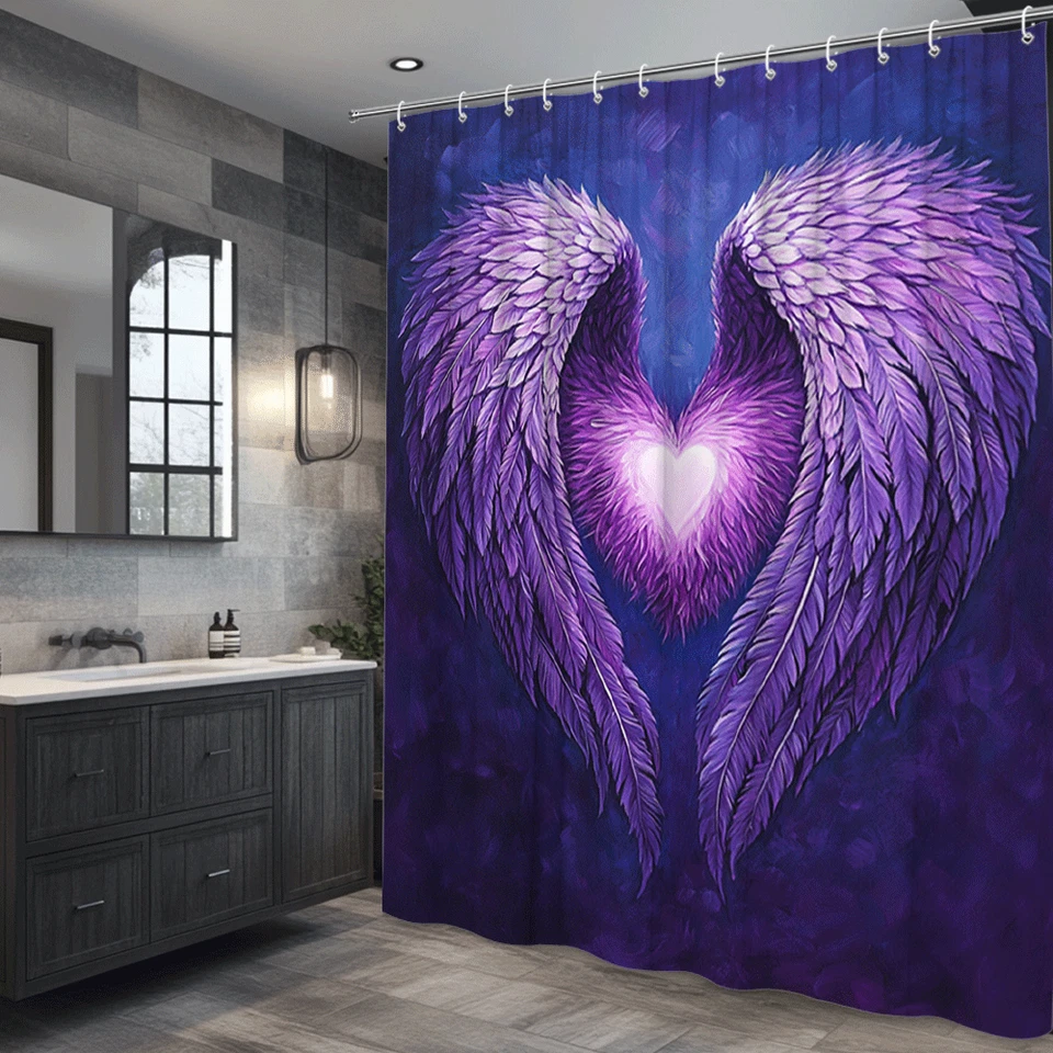 Purple Angel Wings Heart Shower Curtain Spiritual Love Feather Bathroom Decor - Image 4 of 4