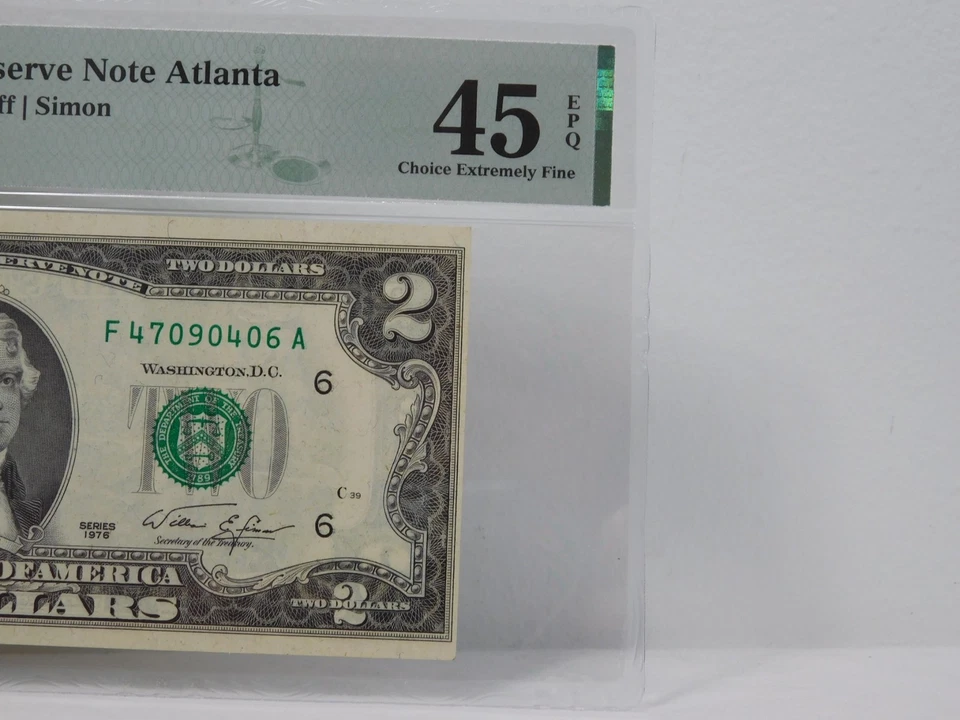 $2 1976 Federal Reserve Note Atlanta PMG 45 Miscut Offset Printing Error Dollar - Image 2 of 4