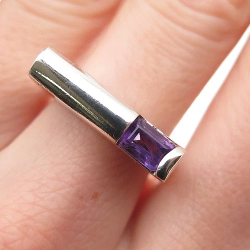 925 Sterling Silver Vintage Real Emerald-Cut Amethyst Modernist Ring Size 7