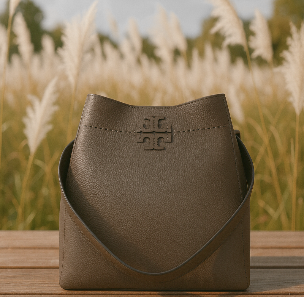 NEW Tory Burch McGraw Silver Maple Taupe Leather Bucket Tote