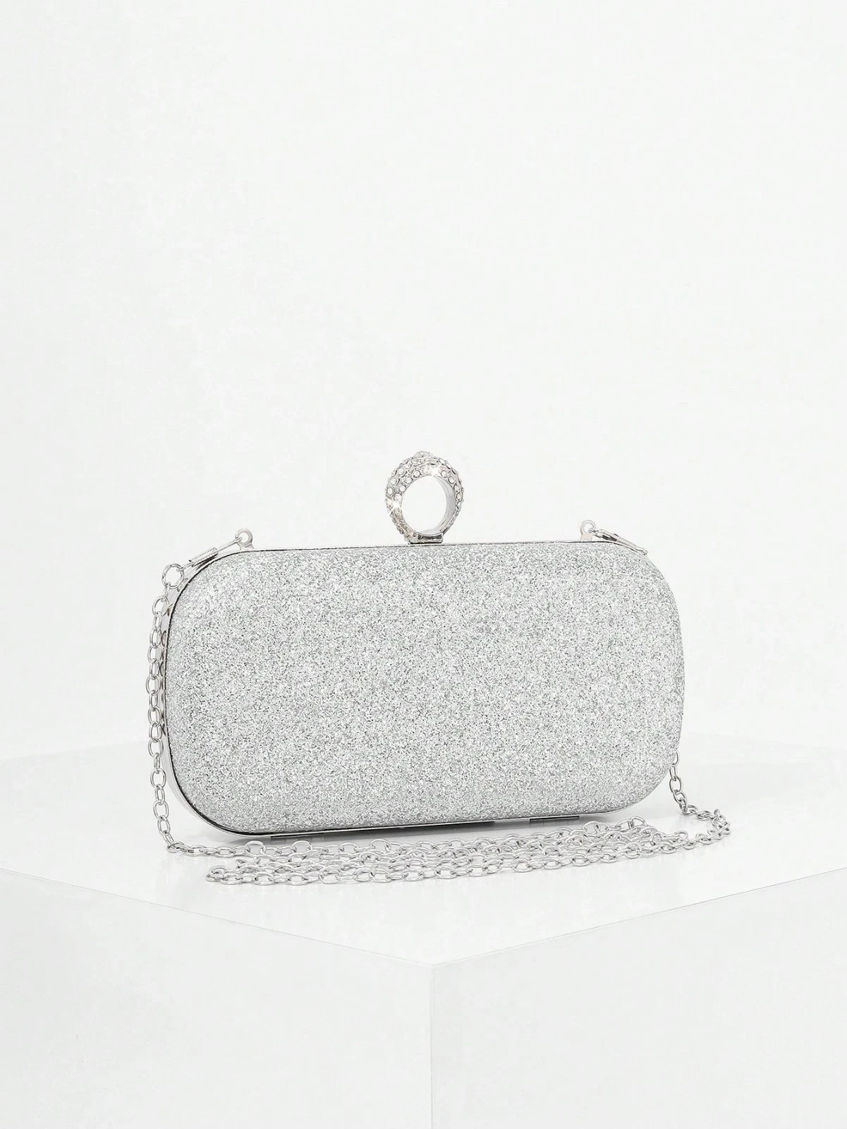 Silver Clutch Purse Glitter Sparkle Evening Bag Formal Hard Case