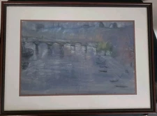 Original Joseph Plaskett Pastel '55 View of Pont Des Arts Bridge & Louvre, Paris