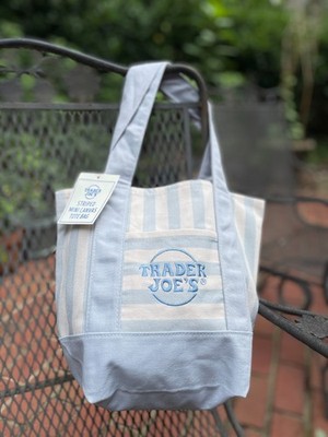 One Trader Joe's striped mini canvas tote bag, Blue, trendy, fun, size 13x11x6''