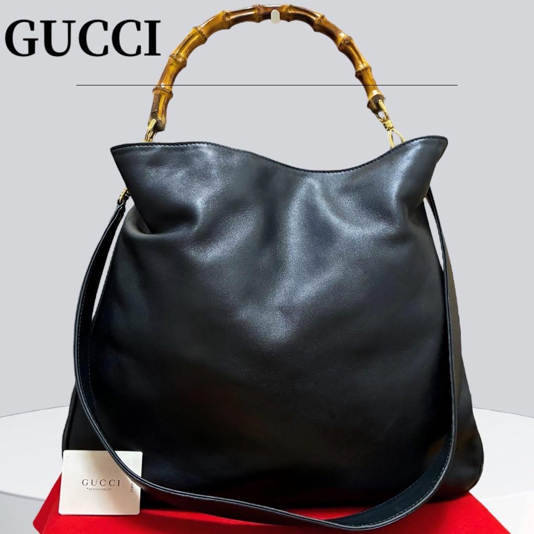 Gucci Bamboo 2Way Leather Tote Bag Black with Shoulder Strap