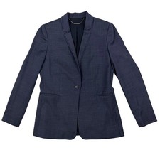 Elie Tahari Navy Blue Textured Bobble Trim Single Button Blazer Jacket Womens M