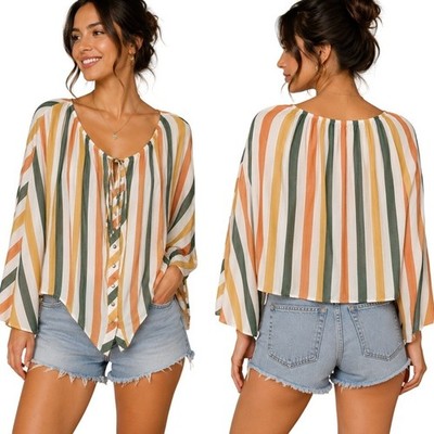 Anthropologie Women Multicolor Striped Button Front Poncho Blouse Med Boho Tie