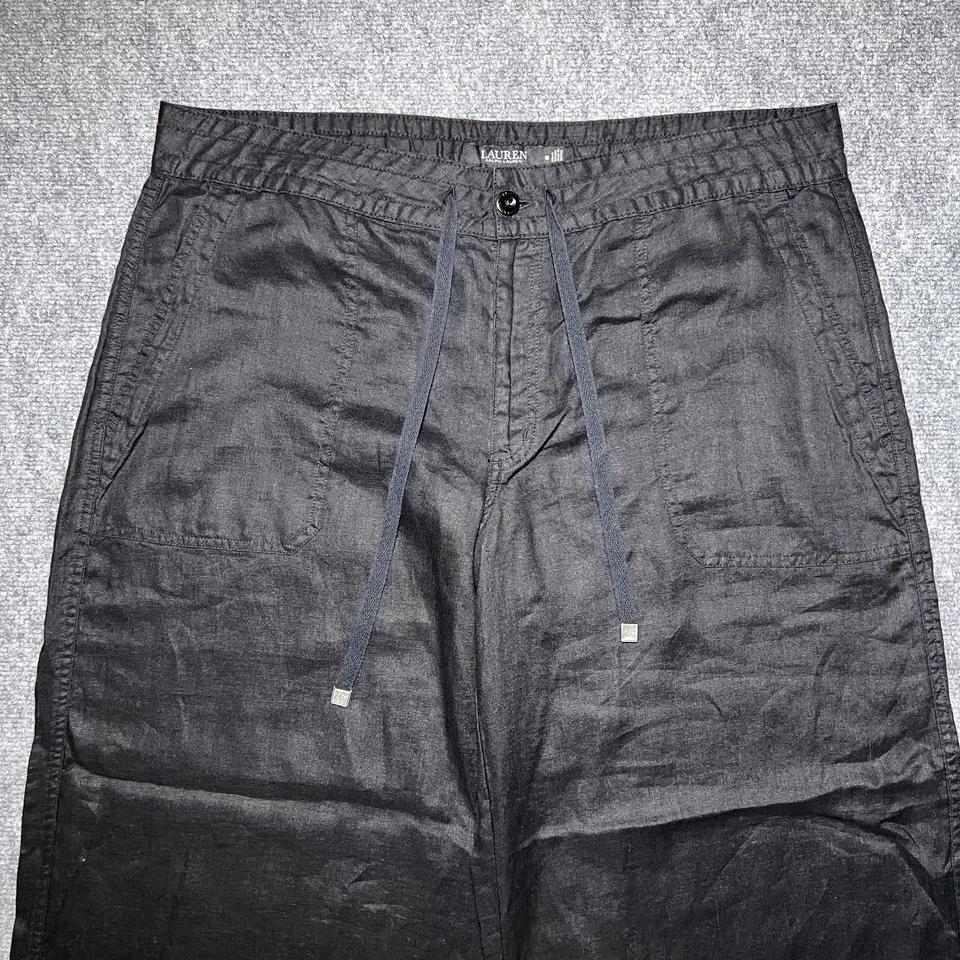 Lauren Ralph Lauren Black Label Pants Womens 16 Black Linen Wide Leg Drawstring - Image 2 of 4