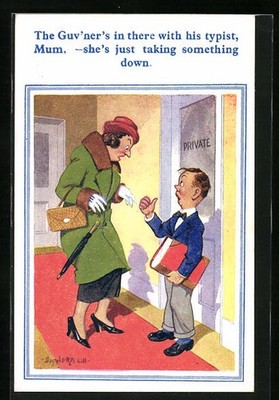 Künstler-AK Donald McGill: The Guv´ner´s in there with his typist..., Dame spri 