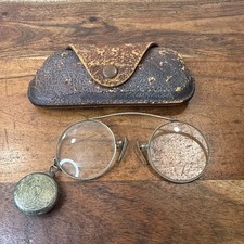 Antique 10K Spring Pince Nez Glasses W/ Retractable Chain Original Case