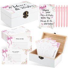 100 Pcs Pink Bow Baby Shower Advice and Wishes Card Box with 1 Wood Sign 5 Pe...