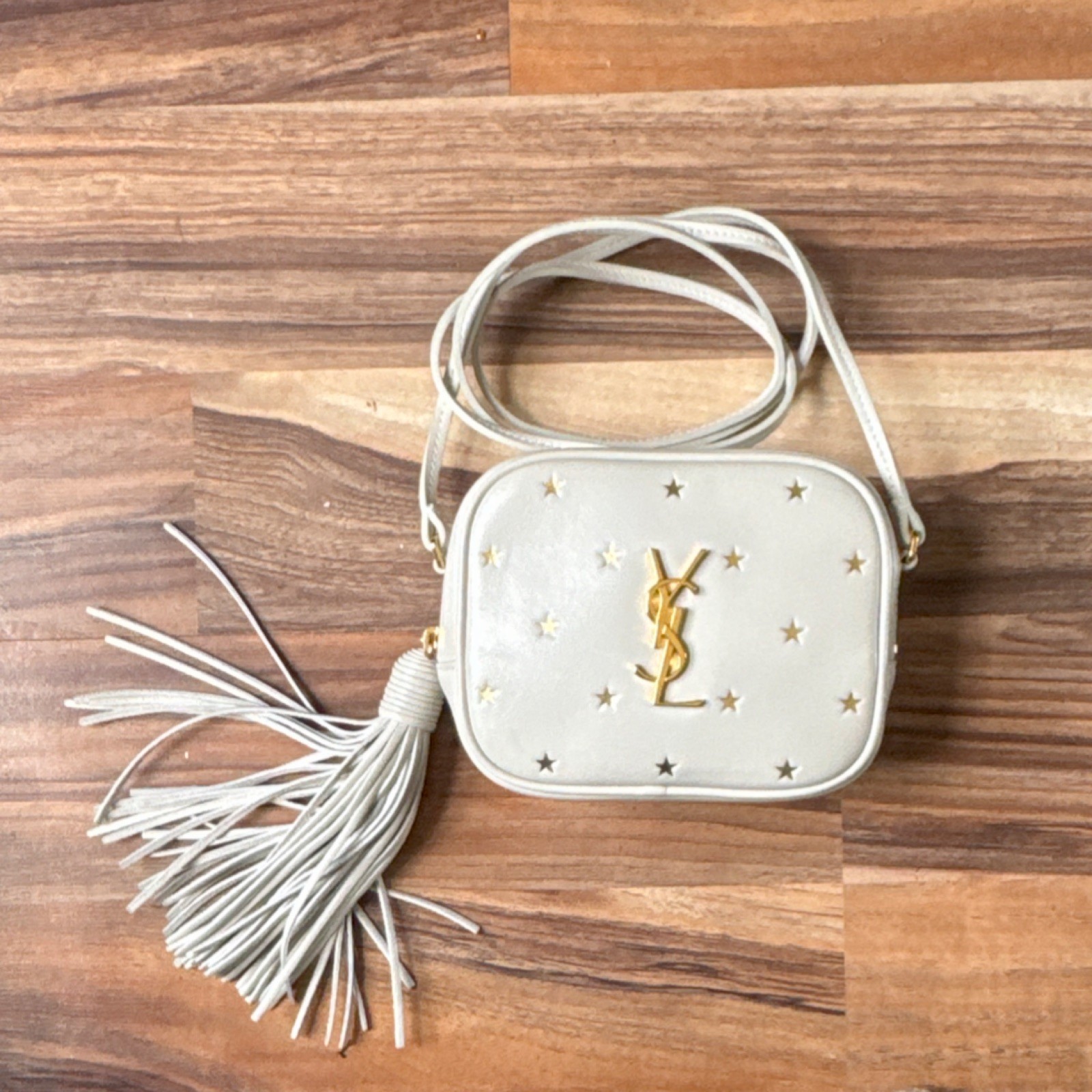 Saint Laurent Off-White Star Tassel Crossbody Bag Gold Hardware Logo Accent