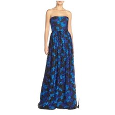 David Meister Women's Strapless Floral Lace Cobalt Blue Black Ballgown Dress 8