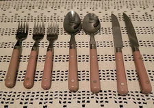 Estia Stainless Steel Flatware 7 Pc. Lot with PINK Handles Plastic Retro Korea 
