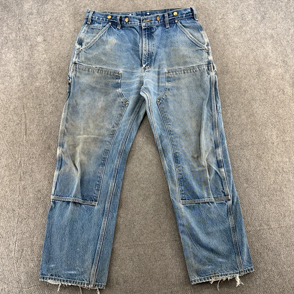 Carhartt Jeans Mens 38x32 Blue Medium Wash Double Knee Dungaree Fit Workwear - Image 3 of 4