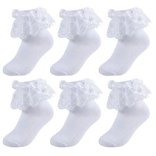 6 Pairs Girls Lace Ruffle Socks Toddler Fancy Frilly Dress 6-8 Years White