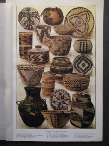 c1905 INDIAN BASKETRY 17 DIFFERENT TYPES APACHE HOPI WASHO RICH COLOR PRINT