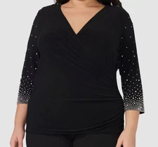 MSK Women's Black Surplice V-Neck Beaded-Sleeve Knit Blouse Top Plus Size 2X