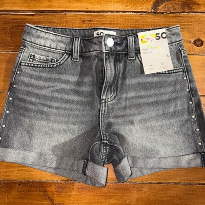 SO High Rise Denim Jean Shorts Girls 8 Gray Studded Cuffed Retro Fade NEW