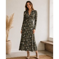 Madewell Dress Women's XL Green Floral Mesh Long Sleeve Maxi Ruched Sides Sleeve