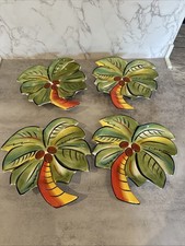 Juego de 4 platos de tazón verde en relieve tropical palmera coco arte arcilla 8"