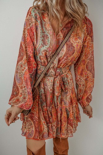 Women's Dress- Printed Surplice Long Sleeve Mini Dress - Picture 3 of 6