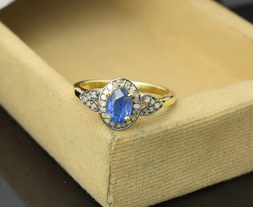 Anillo de diamantes de cianita y pavé, anillo solitario, anillo enchapado en oro, plata de ley 925 - Imagen 2 de 11