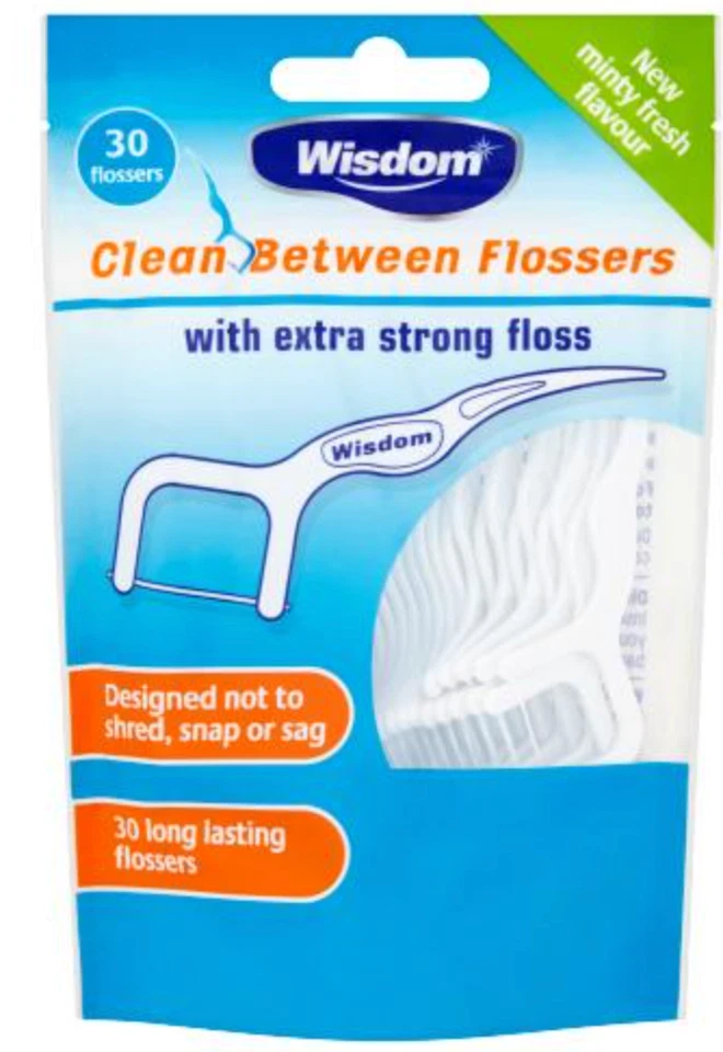 DENTEK WISDOM CLEAN BETWEEN FLOSSERS 30 PACK EXTRA STRONG FLOSS DENTAL MINT