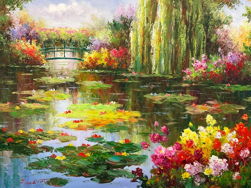 UNSTRETCHED oil painting on canvas Garden Pond 36 x 48”