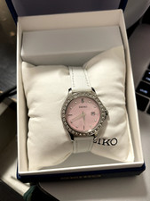 NEW* Seiko Women's SXDF89 Pink Dial Swarovski Crystal Leather Band Date Watch